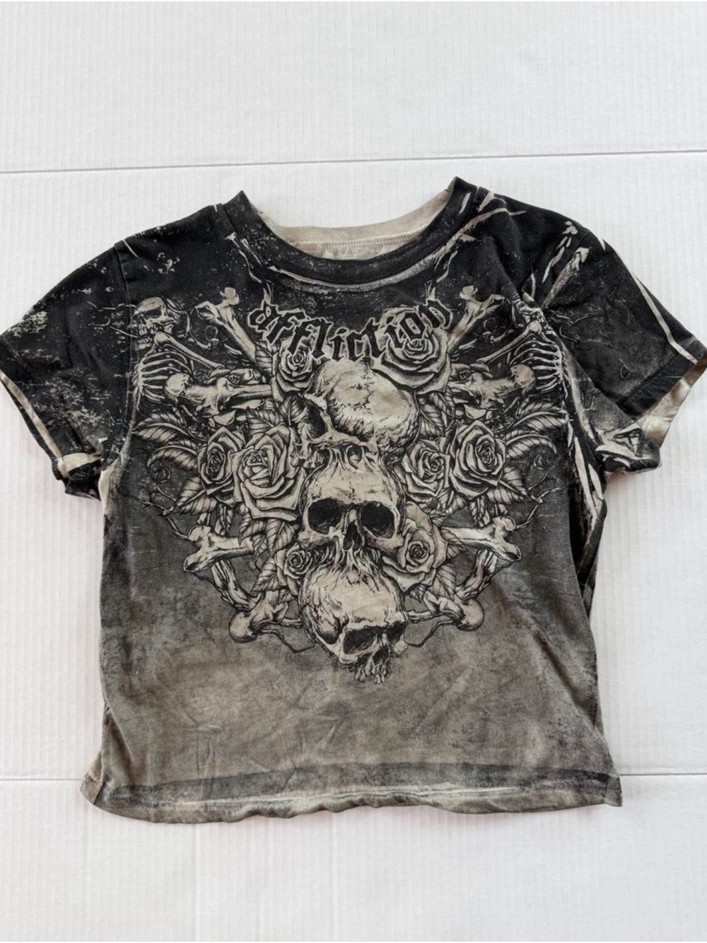 Affliction Black & Gray Skull Rose Graphic Crop Tee